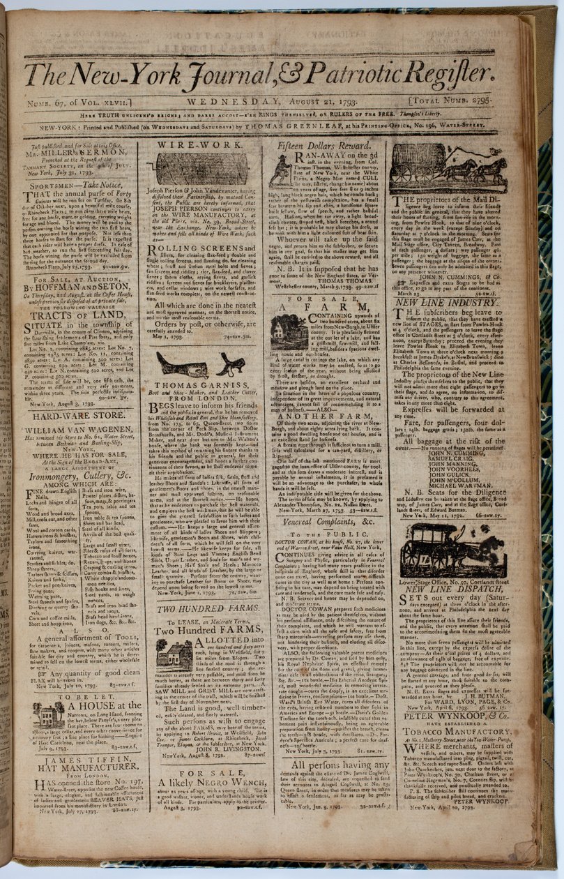 1793年8月21日，纽约期刊和爱国者登记册的头版 作者 美国学校