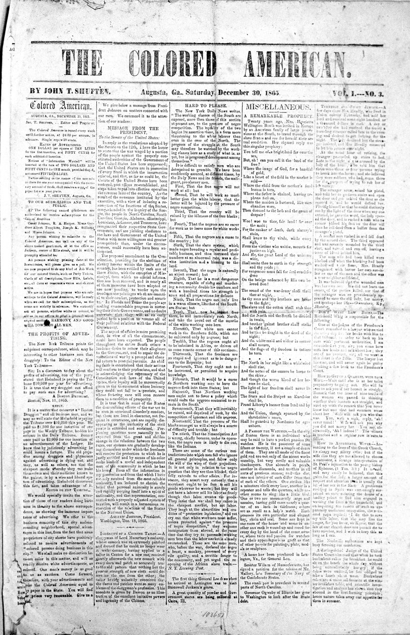 The Colored American的头版，1865年12月30日（打印） 作者 美国学校