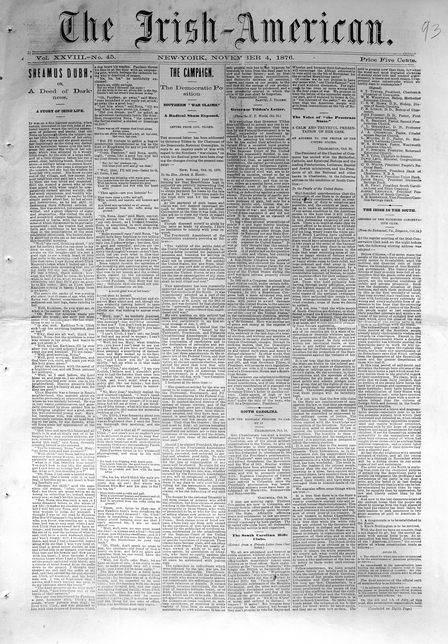 爱尔兰裔美国人的头版，于1876年11月4日在纽约出版（新闻纸） 作者 美国学校