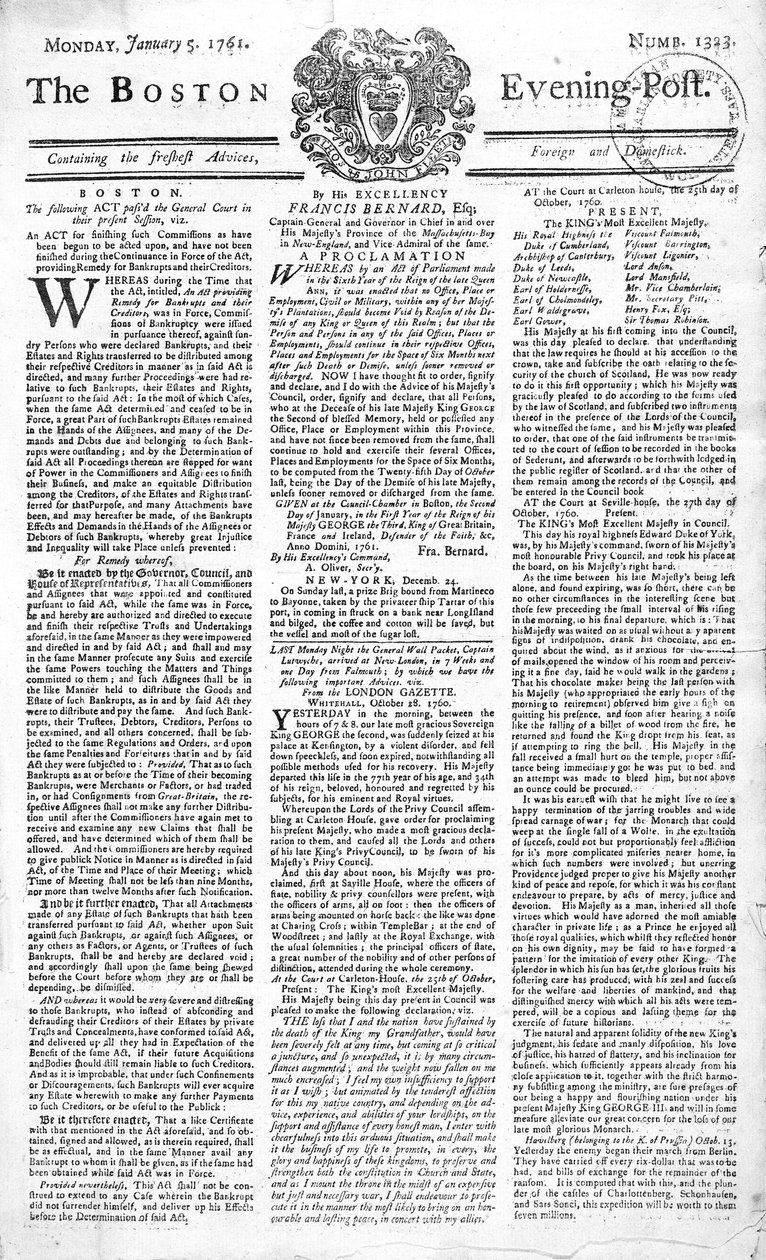 1761年1月5日波士顿晚报宣布国王乔治二世去世（1683  -  1760年）的头版（印刷版） 作者 美国学校