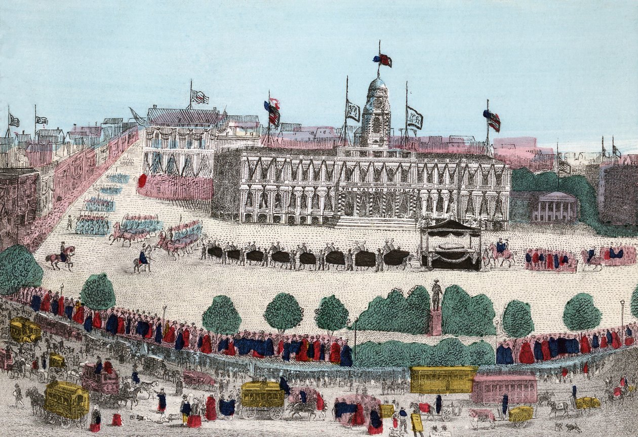 亚伯拉罕·林肯的葬礼游行，1865 年 4 月 25 日在纽约酒吧。 1865（手工彩色雕刻） 作者 美国学校