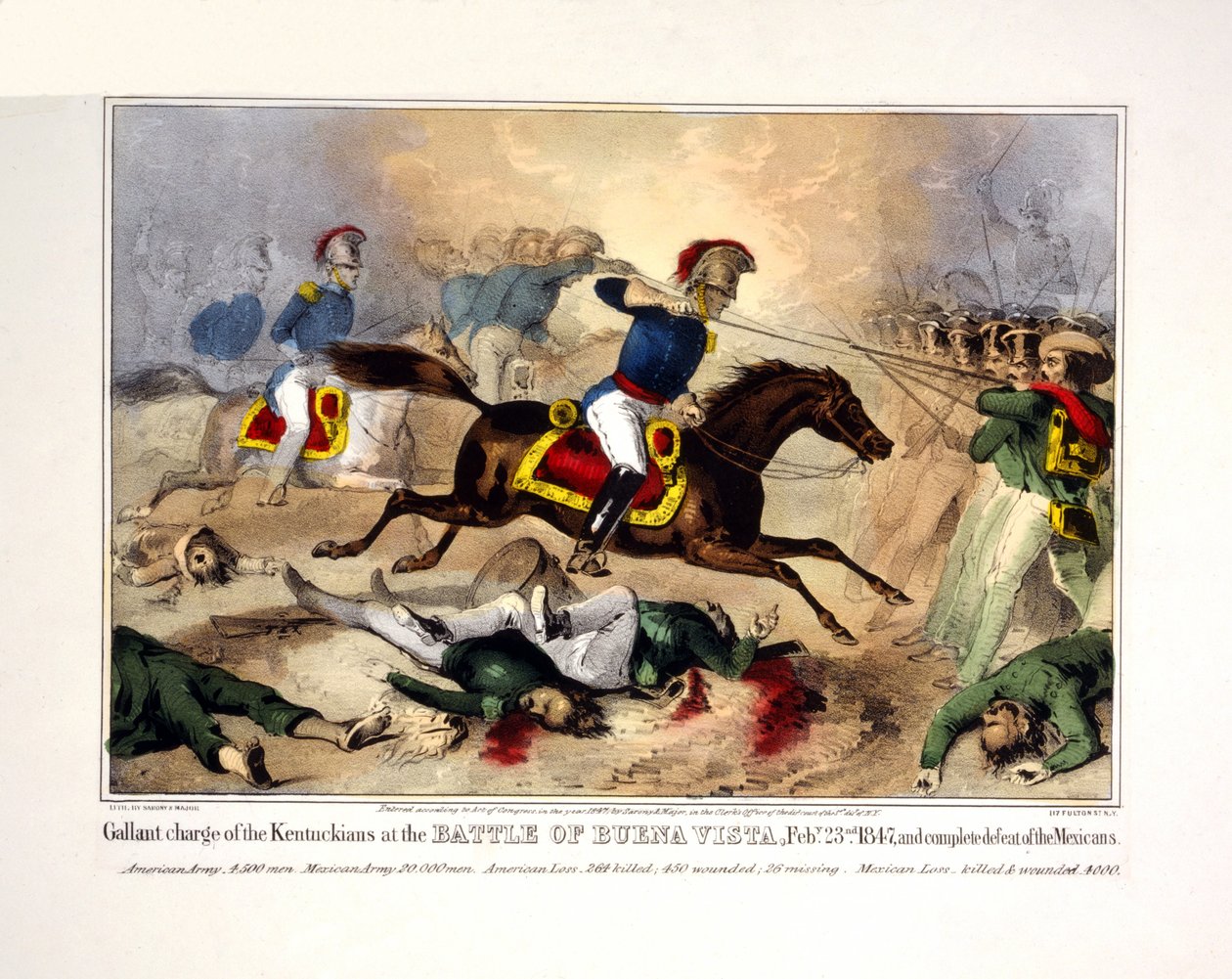 肯塔基人在 1847 年 2 月 23 日布埃纳维斯塔战役中的英勇冲锋和对墨西哥人的彻底击败》，出版于 1847 年 2 月 23 日。1847 年 23 日，肯塔基人在布埃纳维斯塔战役中的英勇冲锋和墨西哥人的彻底失败，1847 年出版。1847 年（手工彩色石版印刷） 作者 美国学校