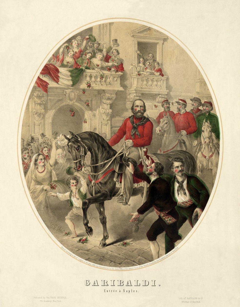 加里波第，进入那不勒斯，出版。1860年（手绘版画）。 作者 美国学校