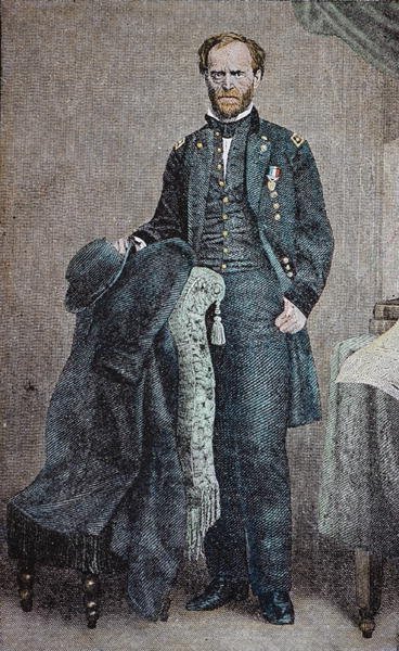 威廉-T-谢尔曼将军（1820-91）（彩色平印）。 作者 美国学校
