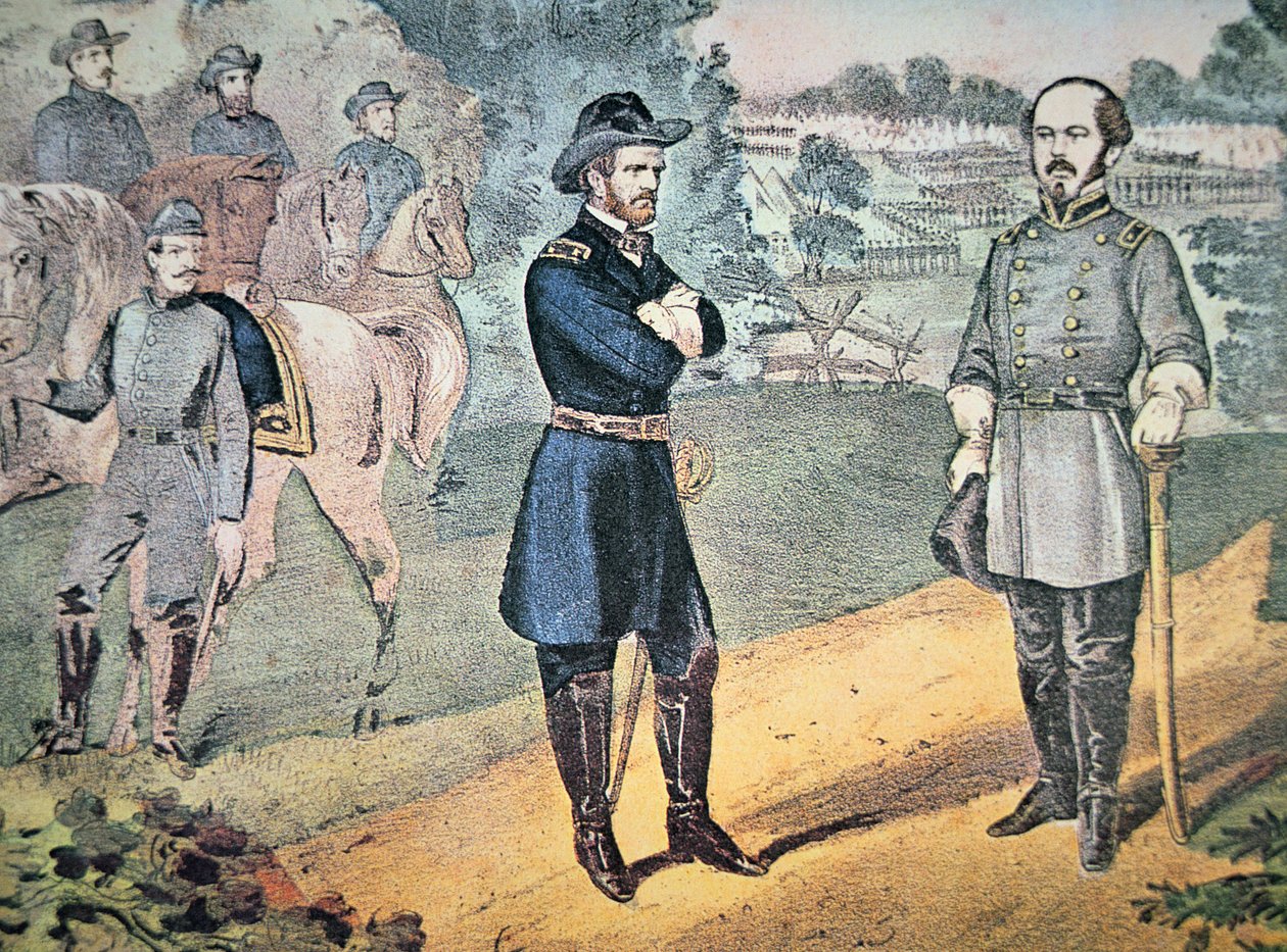 谢尔曼将军和约翰逊将军于1865年在北卡罗来纳州会面，安排南军投降（彩色平印）。 作者 美国学校