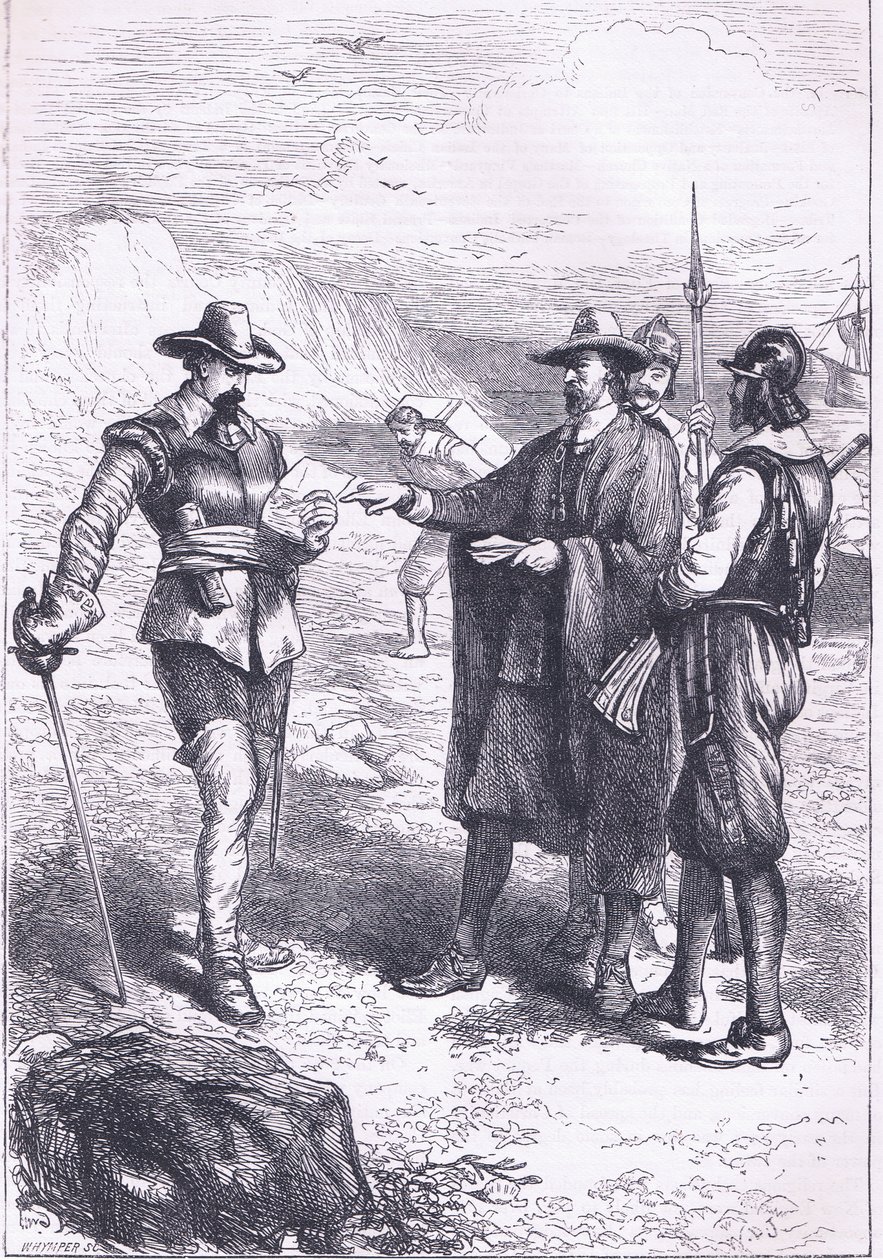 Gorton 的登陆（1646 年），插图来自卡塞尔的美国酒吧历史。 由 Petter & Galpin c.1890 (石版画) 作者 美国学校