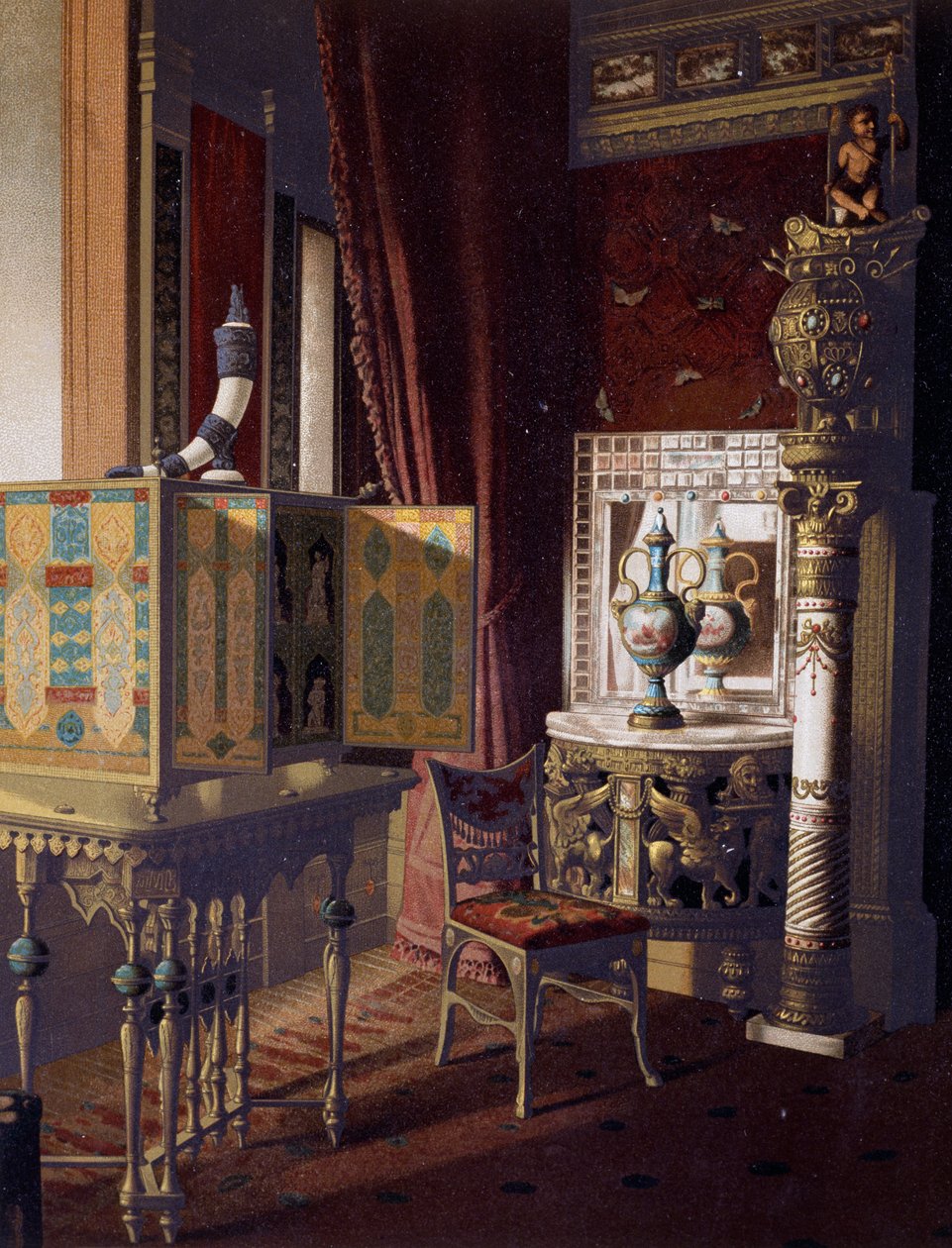 大厅，纽约范德比尔特酒店，卧室，约1840年，彩色雕版画 作者 美国学校