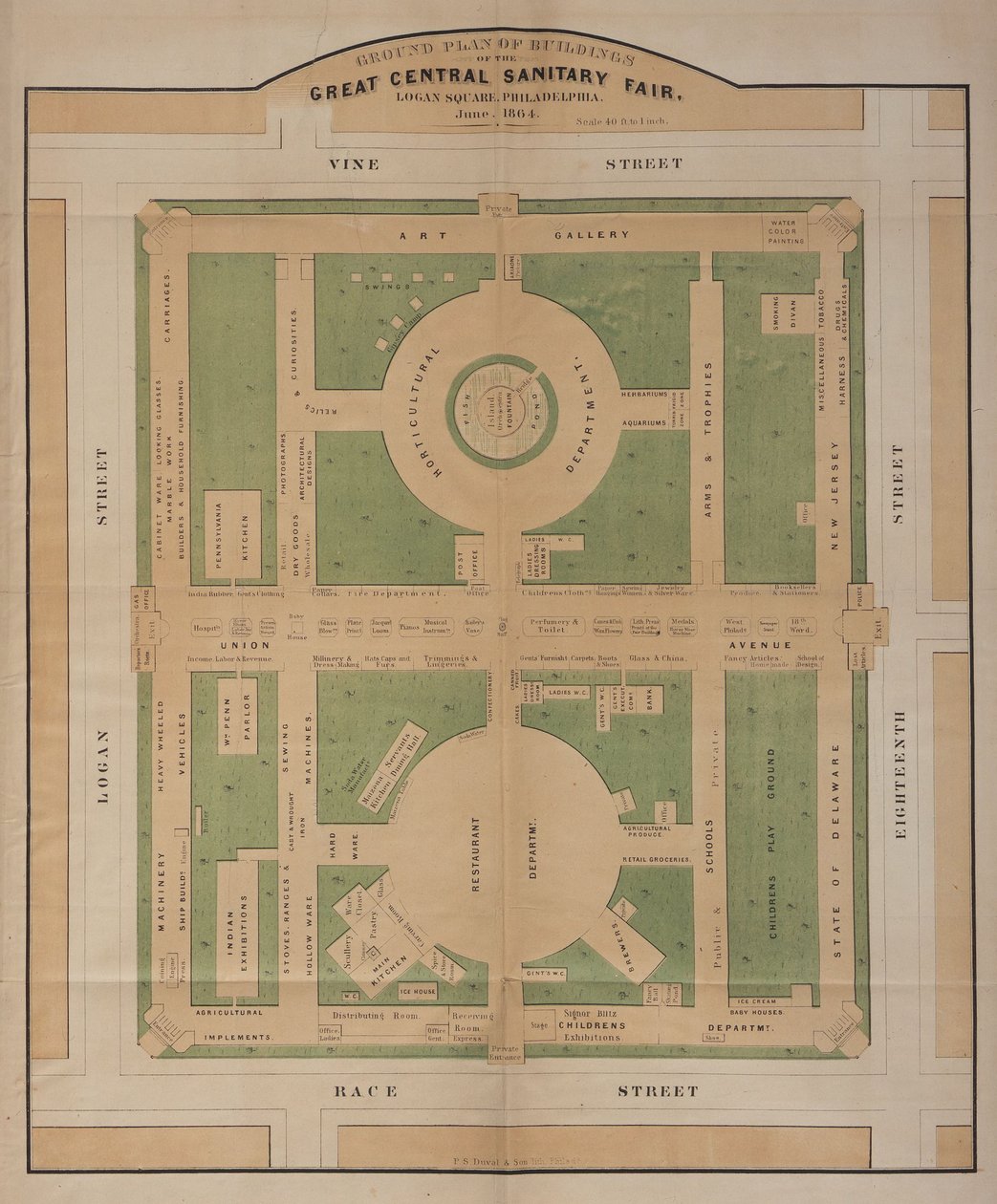 1864 年 6 月，洛根广场中央卫生大博览会建筑平面图（彩色石版画） 作者 美国学校