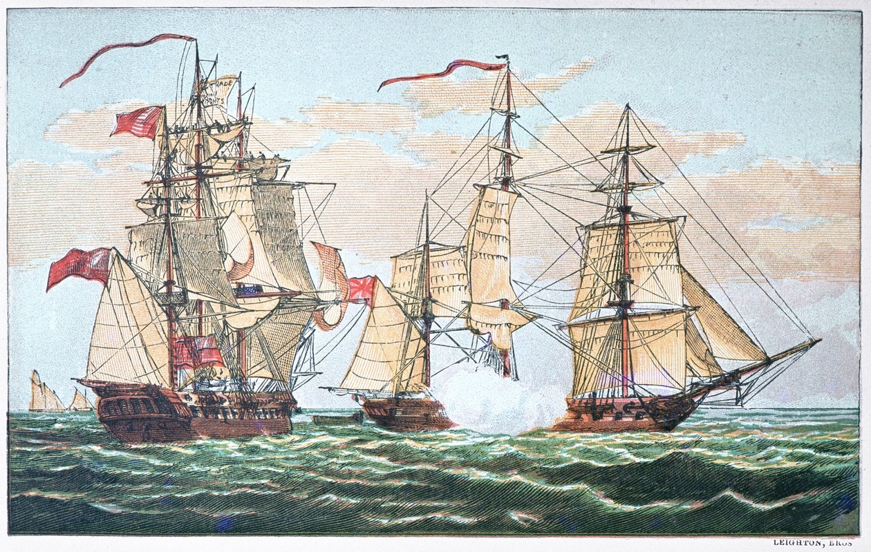 1812年战争期间，香农号对美国切萨皮克号，1813年（彩色平印）。 作者 美国学校