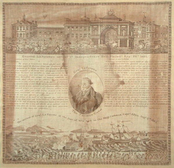 纪念拉法耶特将军（1757-1834）于1824年抵达的手帕（棉布）。 作者 美国学校
