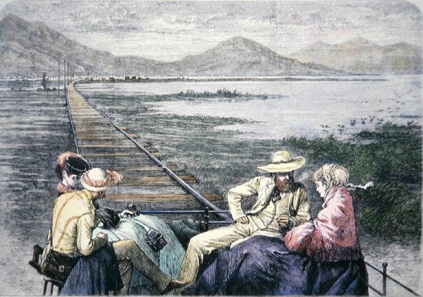 太平洋铁路上的检查车，约1870年（彩色版画）。 作者 美国学校