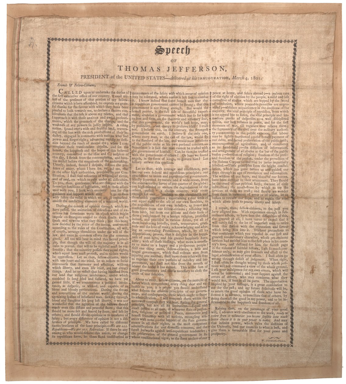 杰斐逊首次就职演说，1801年3月4日，巴尔的摩Pechin印刷（丝绸上的平版印刷） 作者 美国学校