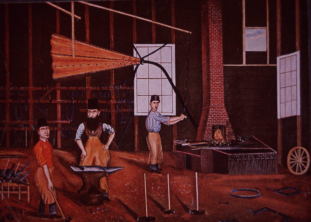 约翰-莫勒-斯图贝克（中），德裔美国人马车制造商，约1858年（彩色平印）。 作者 美国学校