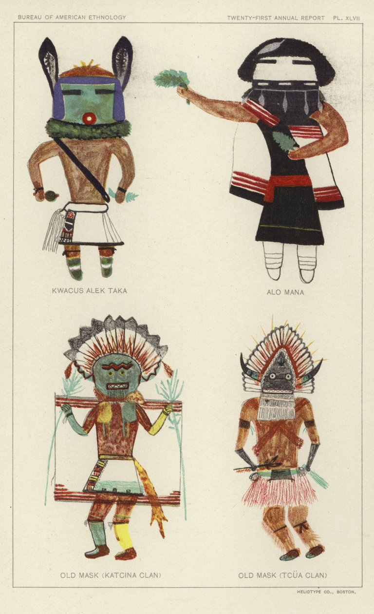 Kwacus Alek Taka、Alo Mana、老面具（Katcina 部族）、老面具（Tcua 部族）（彩色石版画） 作者 美国学校