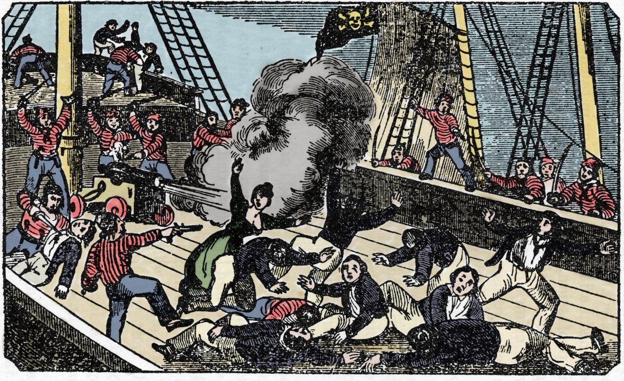 La mort du pirate gentilhomme Jean Lafitte (1780-1826)，1837年 "海盗自己的书 "的版画。 作者 美国学校