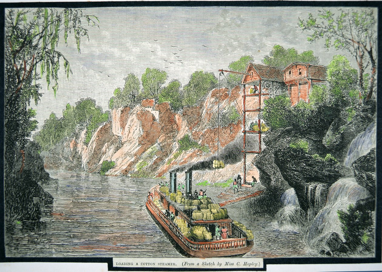 1860 年左右，用种植园的棉包装载汽船（彩色雕刻） 作者 美国学校