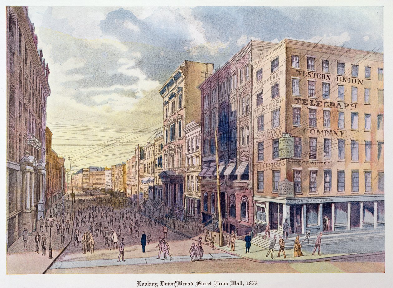 1873年从华尔街俯视宽阔的街道，旧纽约的插图，昨天和今天的亨利柯林斯布朗，1922年 作者 美国学校