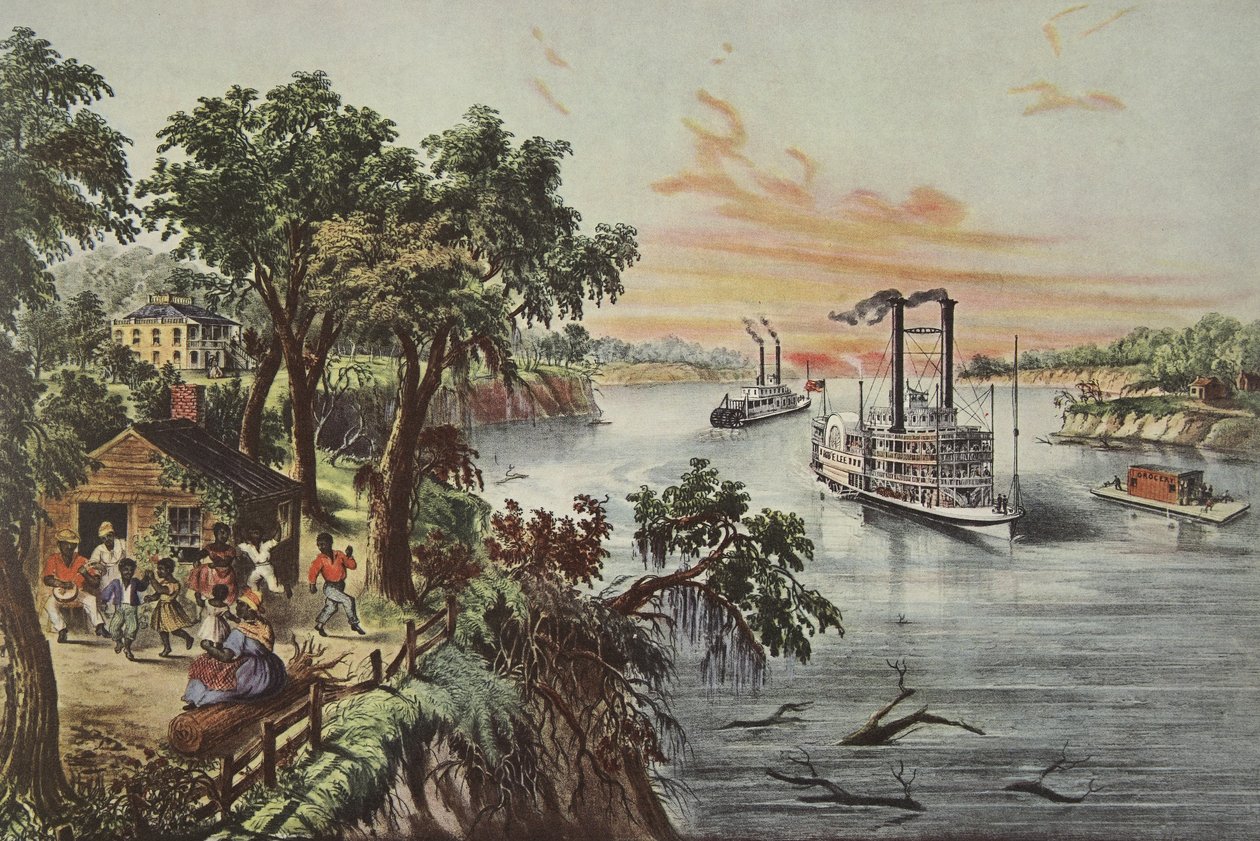 密西西比河的低水位》，1868 年出版，Currier  Ives（彩色平版印刷）。1868 年，Currier  Ives（彩色石印版） 作者 美国学校