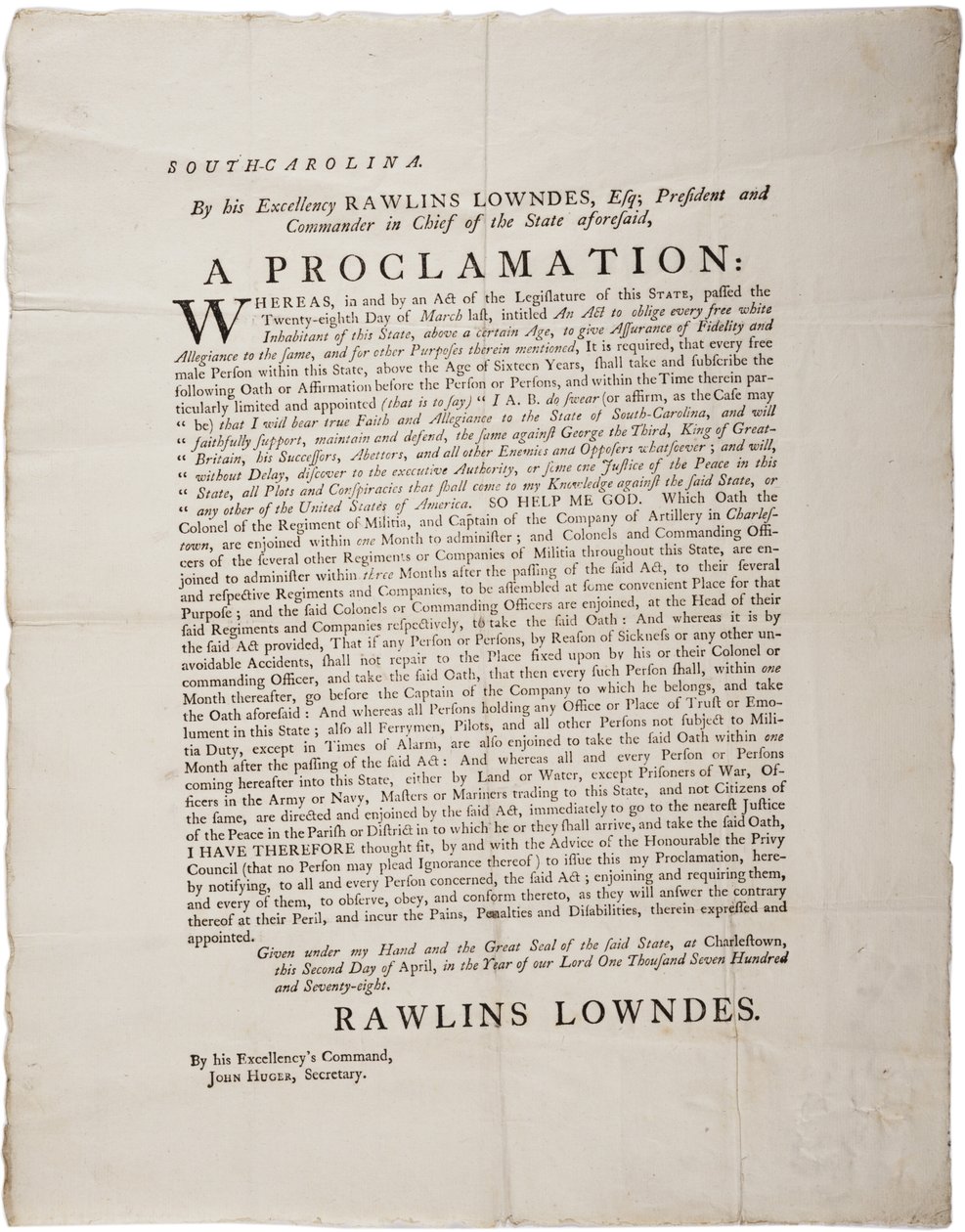 忠诚誓言保护南卡罗来纳州的独立，1778年4月2日 作者 美国学校