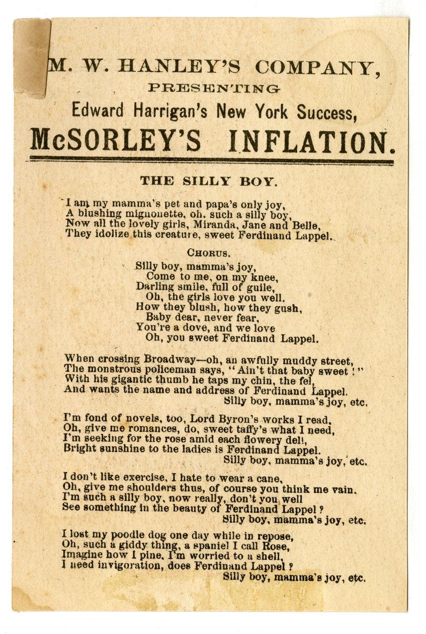 MW Hanleys Col介绍Edward Harrigans最新的NY Success，McSorleys Inflation [影院卡]。 Verso，c.1882（石版画[交易卡]） 作者 美国学校
