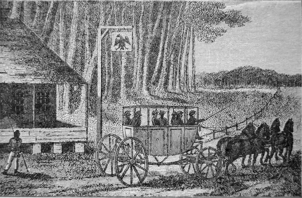 邮车，艾萨克-韦尔德（1774-1856）的《北美游记》中的插图，1795年（雕刻）。 作者 美国学校