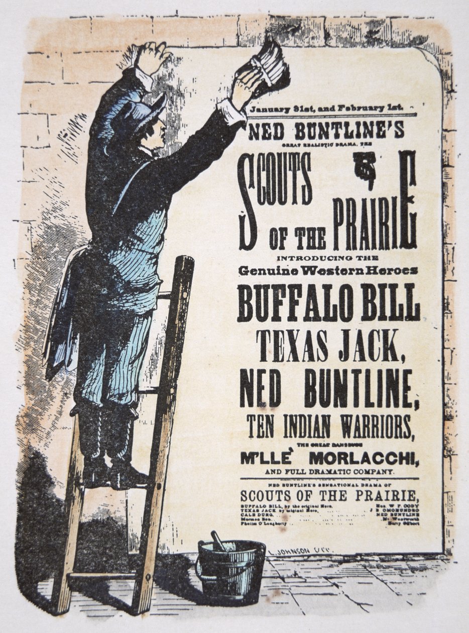 男子为由 Buffalo Bill Cody（1846-1917 年）Texas Jack（1846-79 年）和 Ned Buntline（1823-86 年）c.1874 主演的“草原童子军”剧张贴剧院账单（彩色雕刻） 作者 美国学校