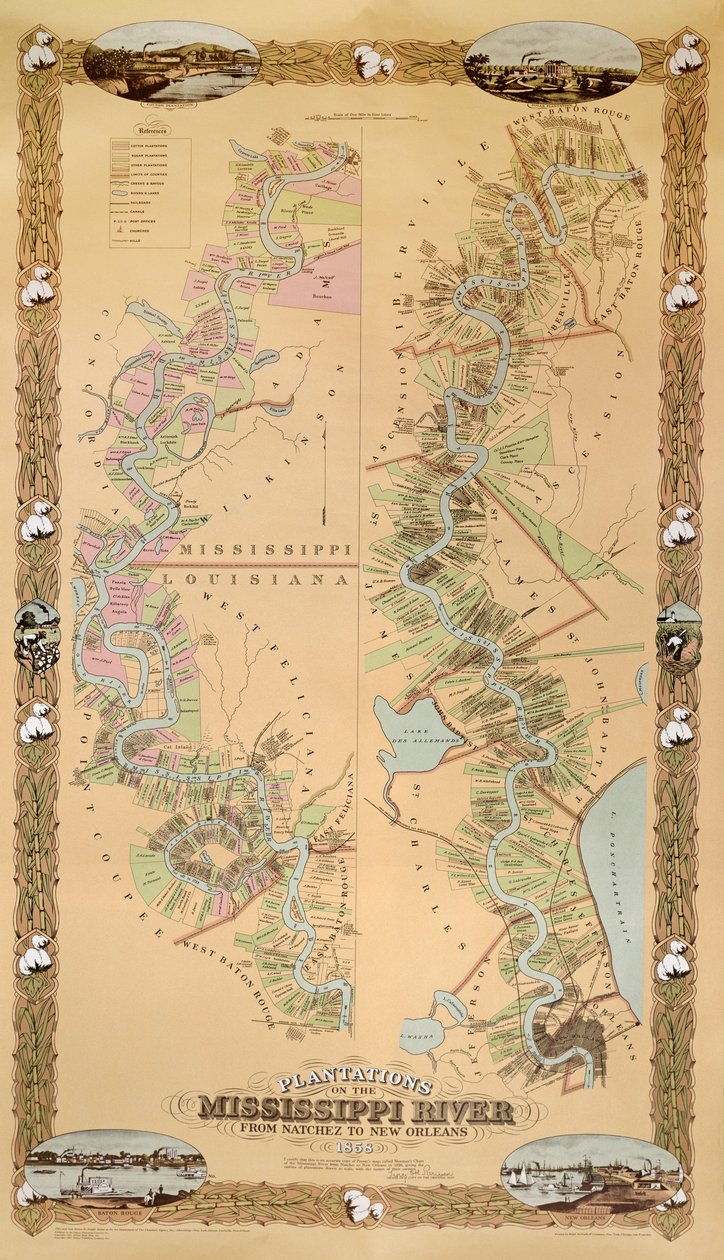 地图描绘密西西比河上的种植园，从纳奇兹到新奥尔良，1858年 作者 美国学校