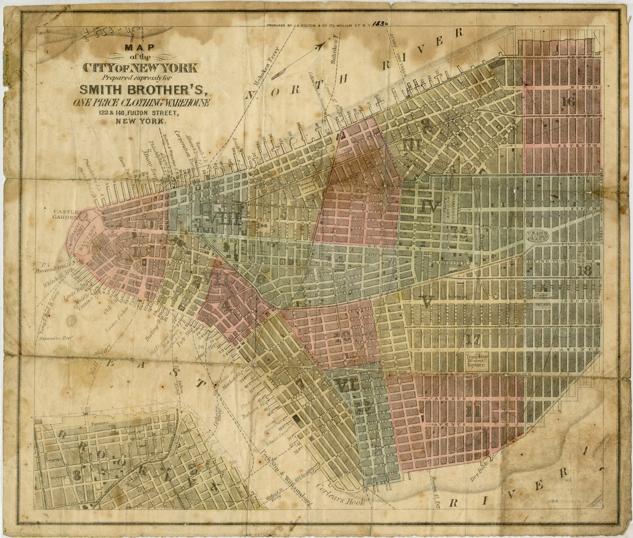 纽约市地图：为史密斯兄弟准备，一个价格服装仓库...由JH Colton＆Co。制作，1854-1869（黑色和彩色墨水在纸上） 作者 美国学校