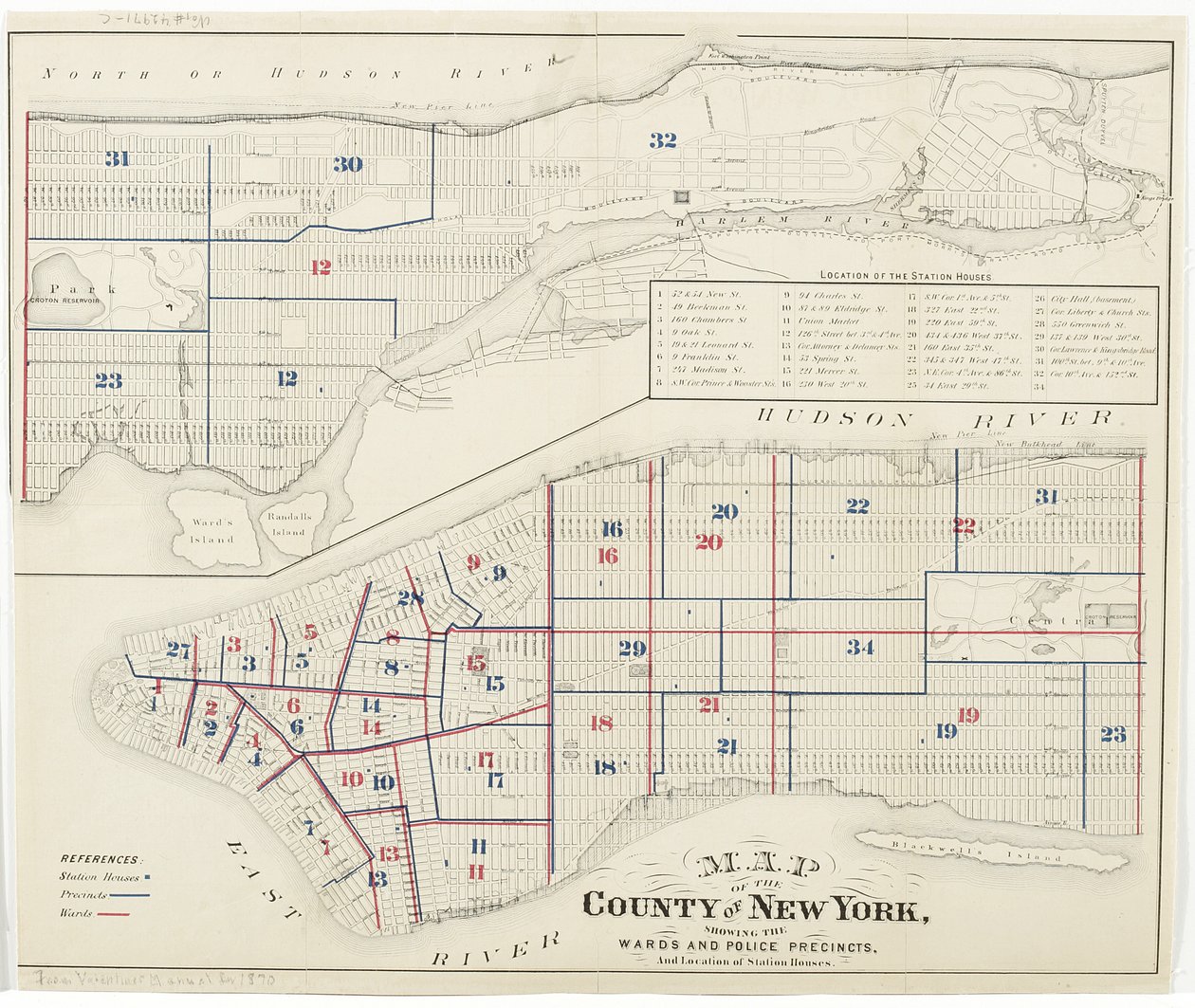 纽约郡的地图，显示了病房和警察局，以及1870年的车站位置（墨水在纸上） 作者 美国学校
