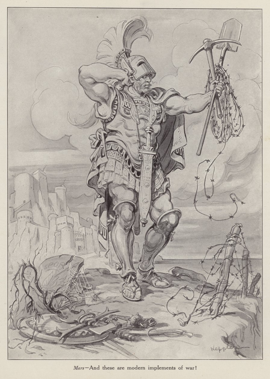 罗马战神马尔斯手持堑壕战中使用的铁锹和铁丝网（石版画） 作者 美国学校