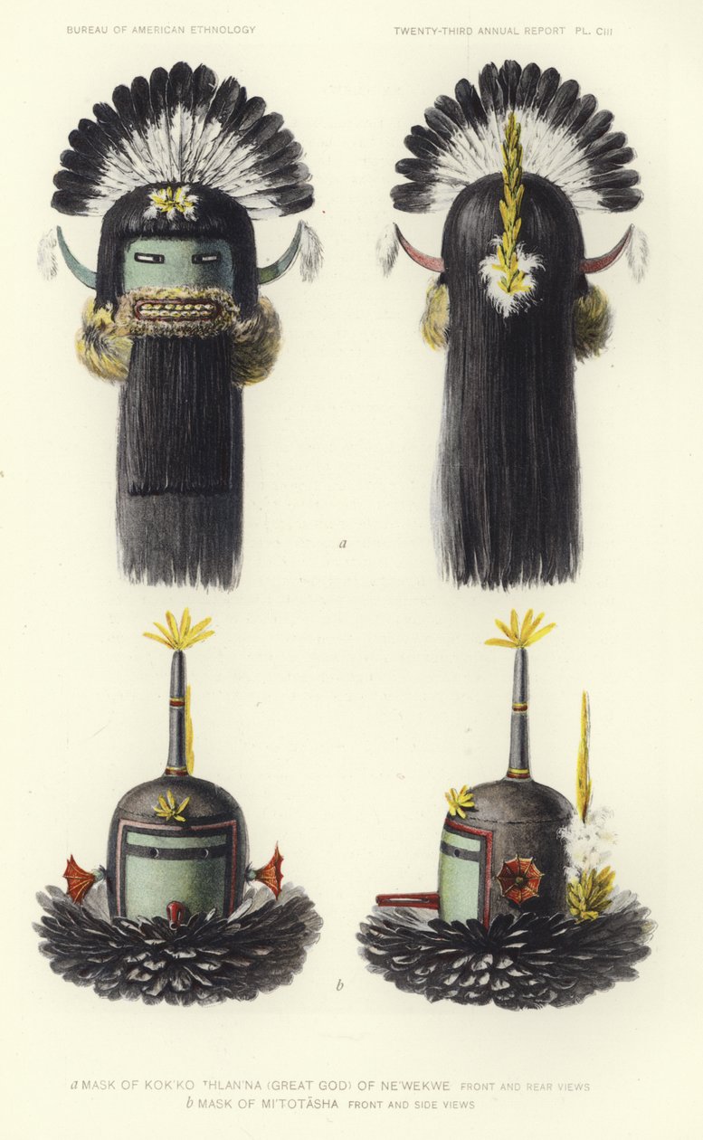 Newekwe 的 Kokko Thlanna（大神）面具（彩色石版画） 作者 美国学校