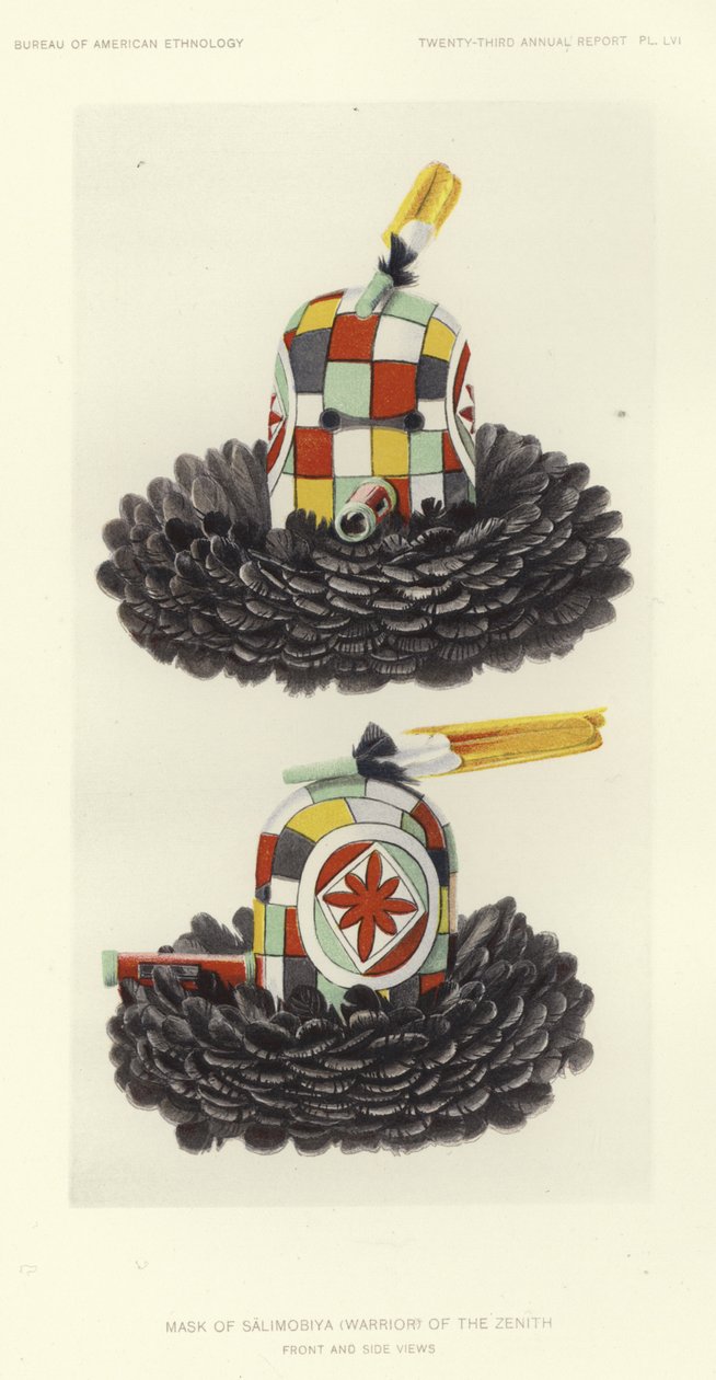 萨利莫比亚（天顶武士）面具 - 正面和侧面（彩色石版画） 作者 美国学校