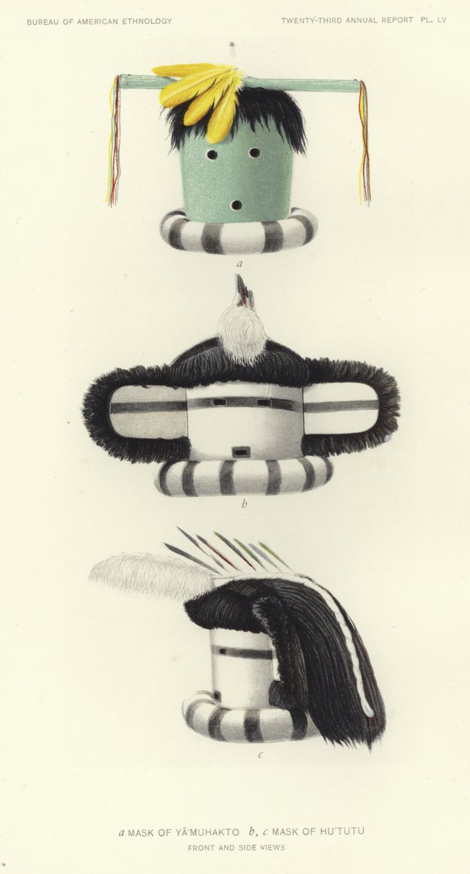 亚穆哈图面具和胡图面具（彩色石版画） 作者 美国学校