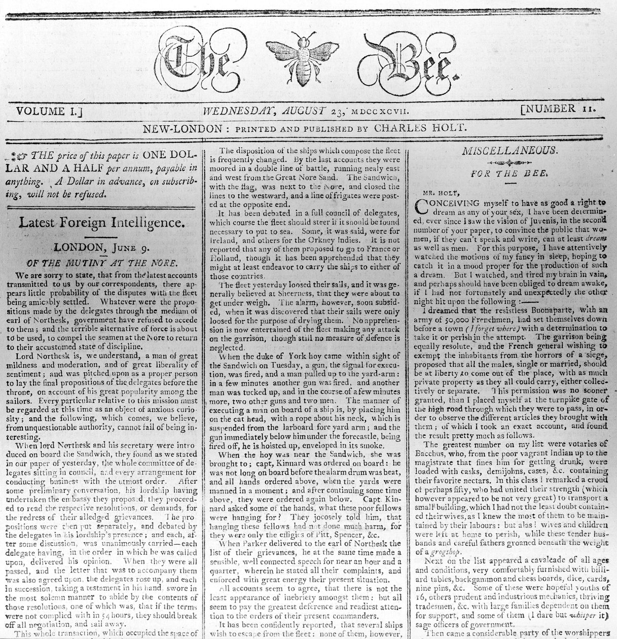 蜜蜂的标头，1797年8月23日印刷（打印） 作者 美国学校