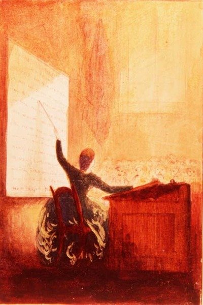 萨拉-E-霍尔登小姐借助语音图表进行教学，约1840年（纸上水彩）。 作者 美国学校