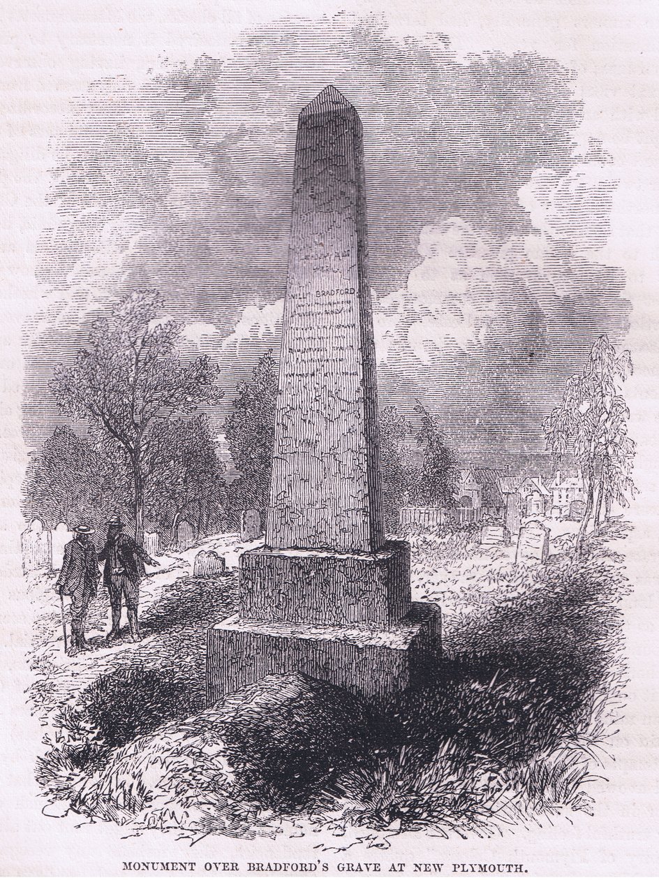 布拉德福德在新普利茅斯的坟墓上的纪念碑，1641年，插图来自Cassell的《美国历史》，由Petter & Galpin出版，约1890年（石印）。 作者 美国学校