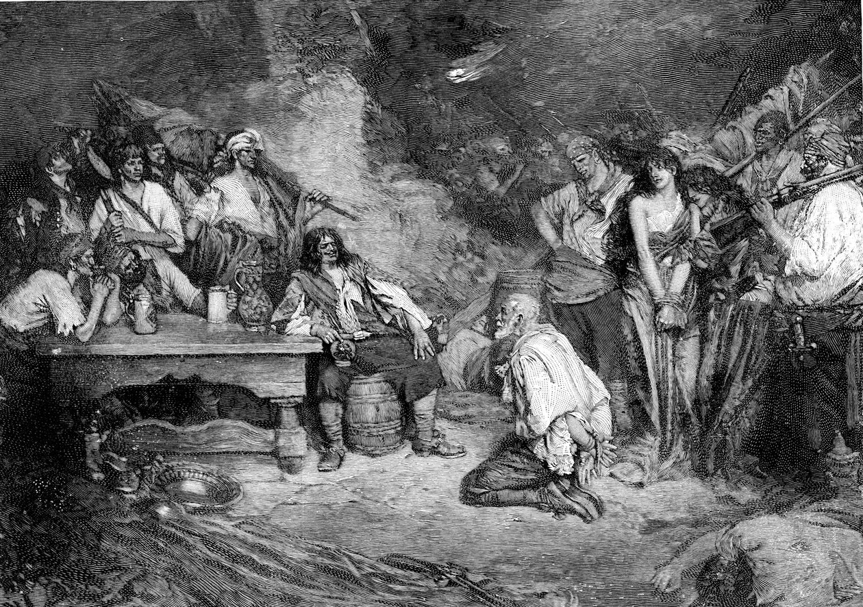 摩根（Morgan）在贝洛港（Porto Bello），《霍华德·皮尔（Howard Pyle）的“西班牙主城的海盗和栗色”》 作者 美国学校