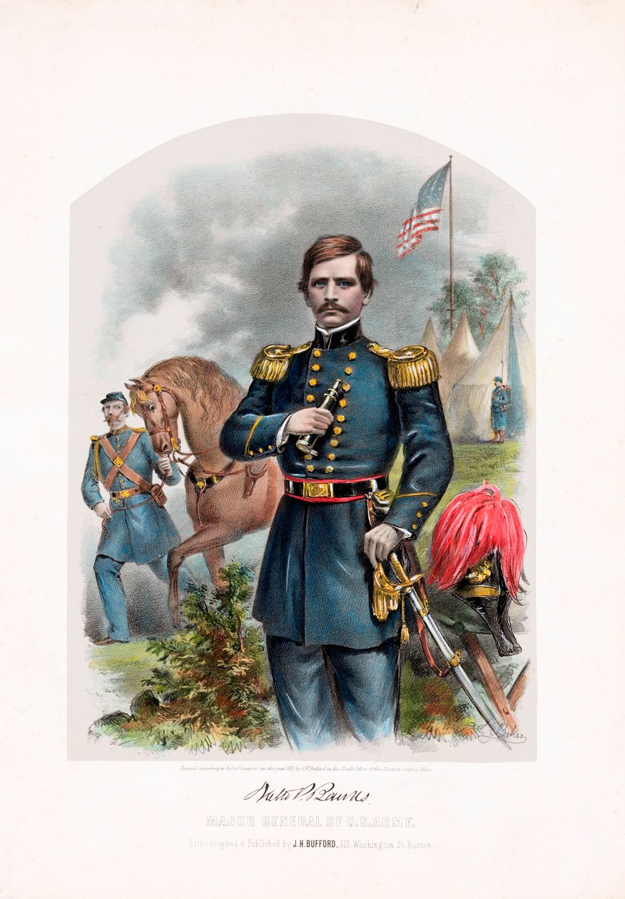 纳撒尼尔-P-班克斯，美国陆军少将，出版。1861年彩色石版画 作者 美国学校