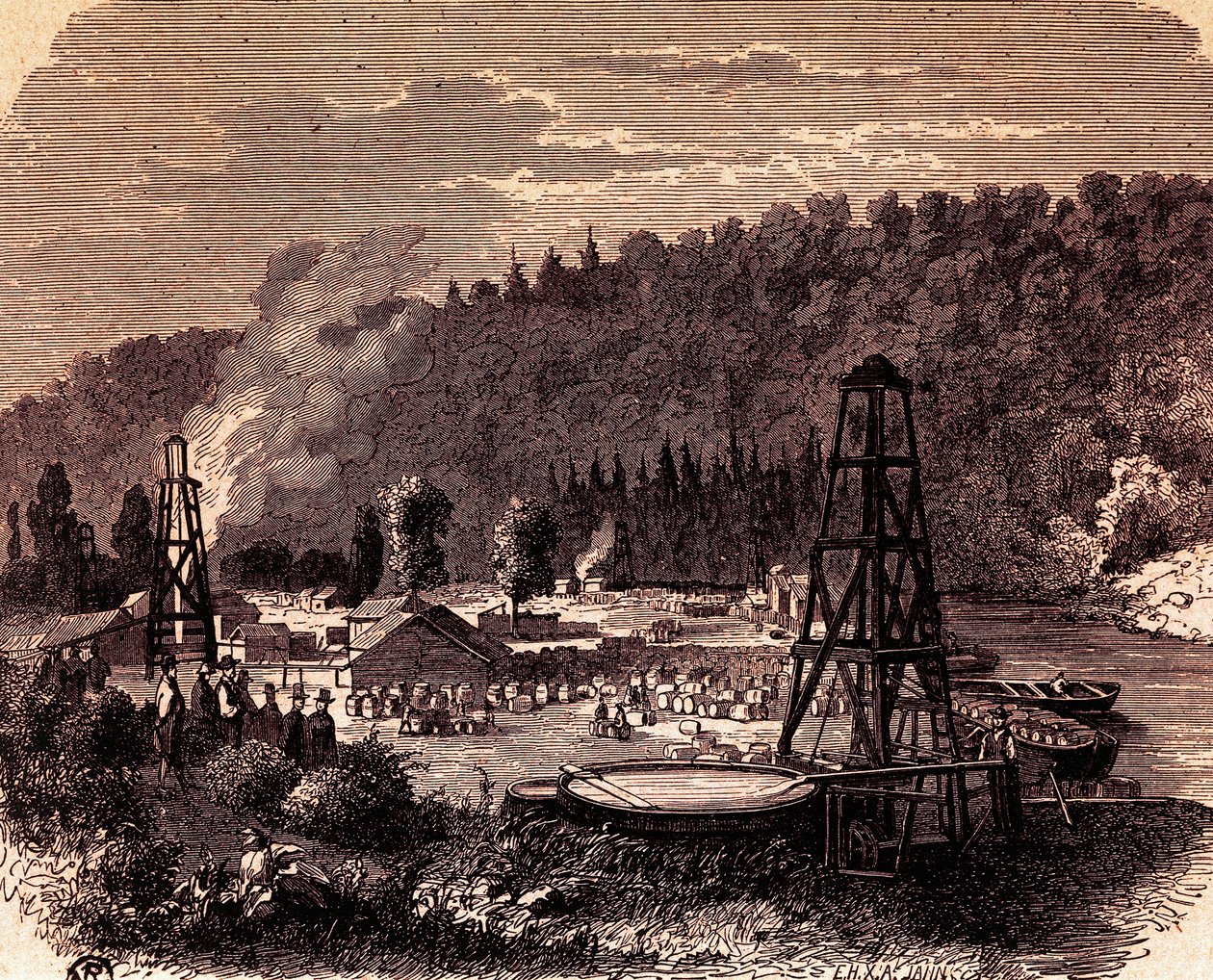 宾夕法尼亚州Titusville的油田，1859年Edwin Laurentine Drake发明的第一个井架，雕刻，美国 作者 美国学校