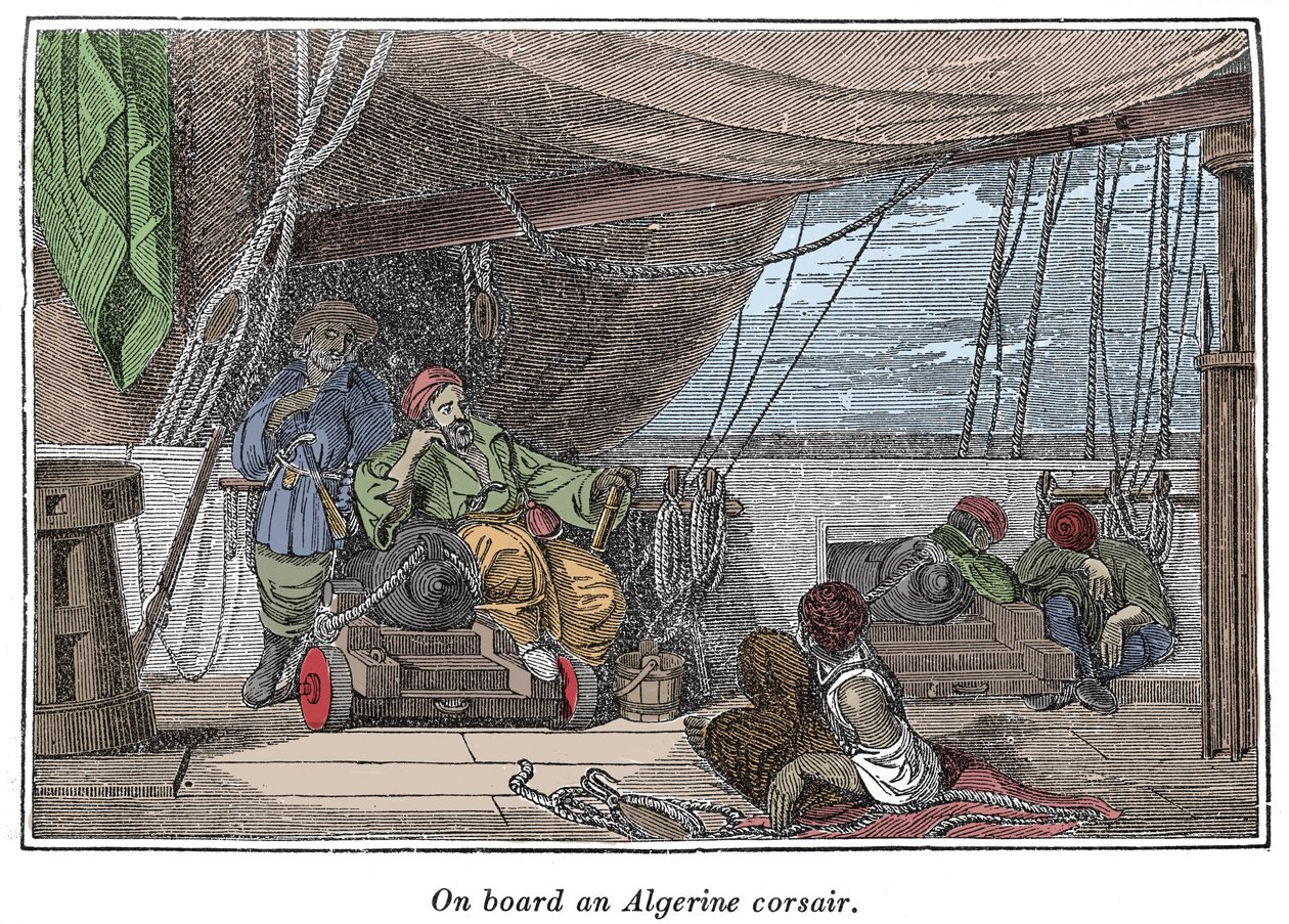 在阿尔及利亚海盗船上 查尔斯·埃尔姆斯 (Charles Ellms) 于 1837 年创作的“海盗自己的书，最著名的海上强盗的真实故事”中的插图 作者 美国学校