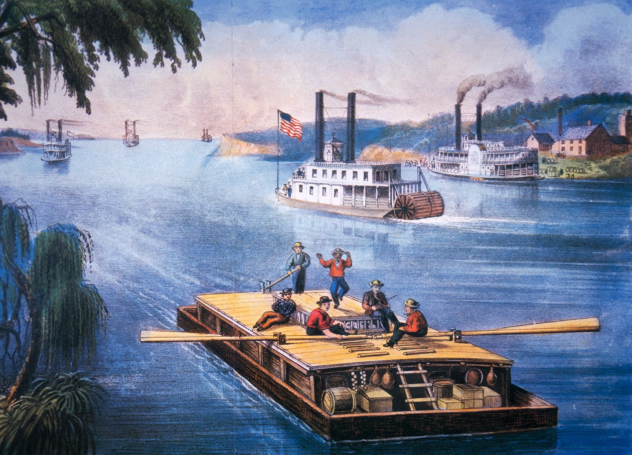 密西西比河上，约1866年（彩色平版印刷）。 作者 美国学校