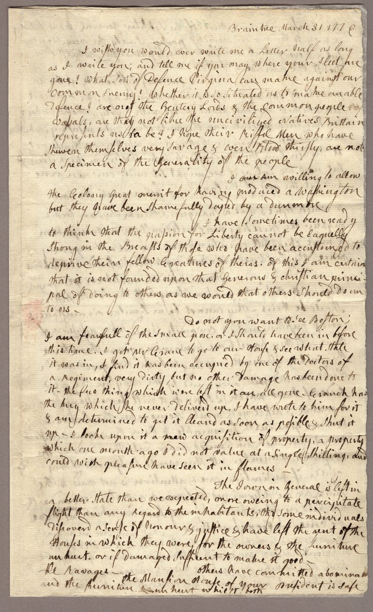 第 1 页，阿比盖尔·亚当斯给约翰·亚当斯的信，1776 年 3 月 31 日至 4 月 5 日（纸本） 作者 美国学校