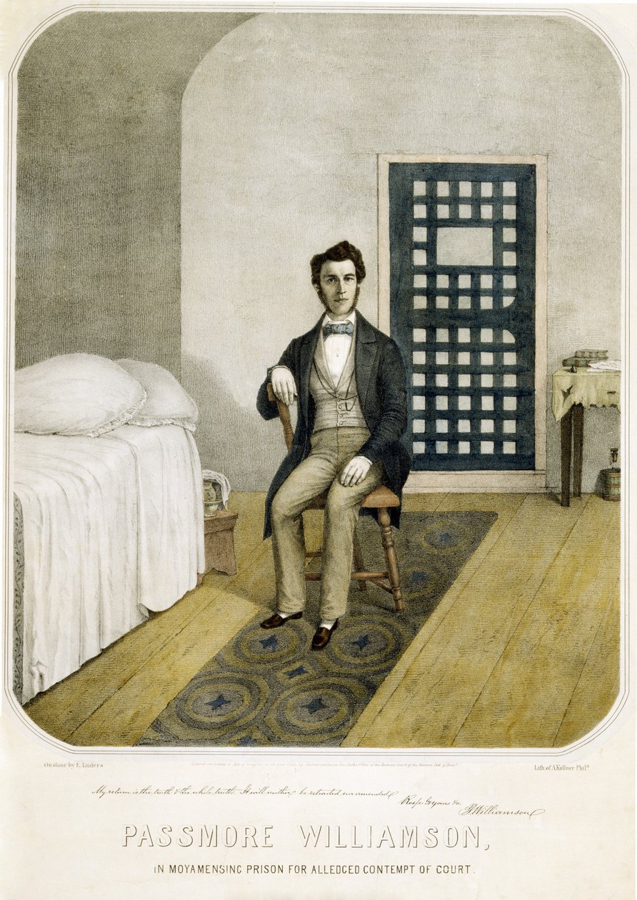 帕斯莫尔-威廉姆森因涉嫌藐视法庭而被关押在莫亚明辛监狱，1855 年出版（彩色平版印刷）。1855 年（彩色印刷版） 作者 美国学校
