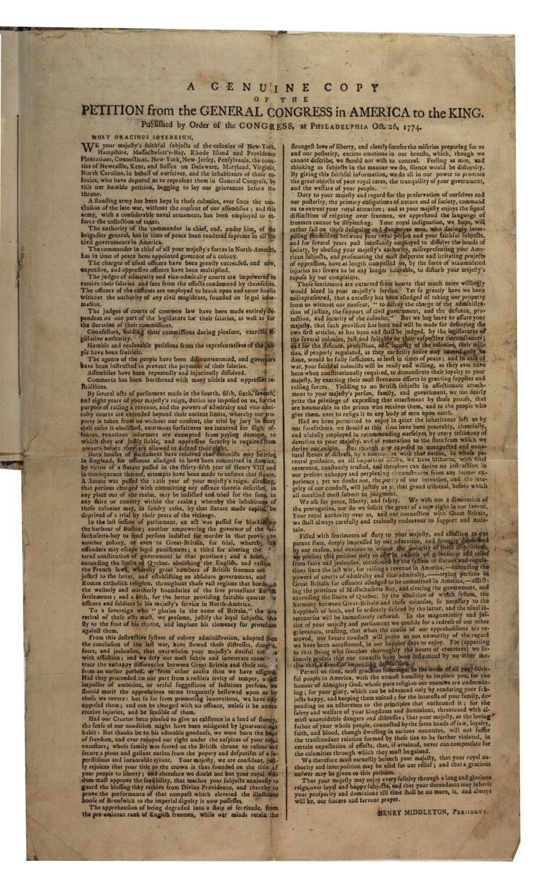 1774年10月26日，来自美国大会的请愿书，国王，大陆会议 作者 美国学校