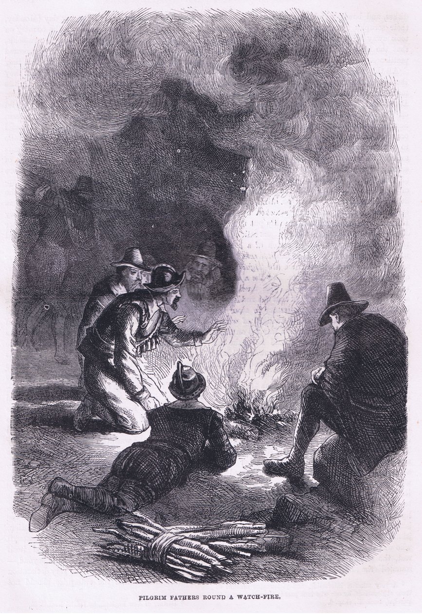 朝圣者父亲围着篝火，插图来自卡塞尔的美国酒吧历史。 由 Petter & Galpin c.1890 (石版画) 作者 美国学校