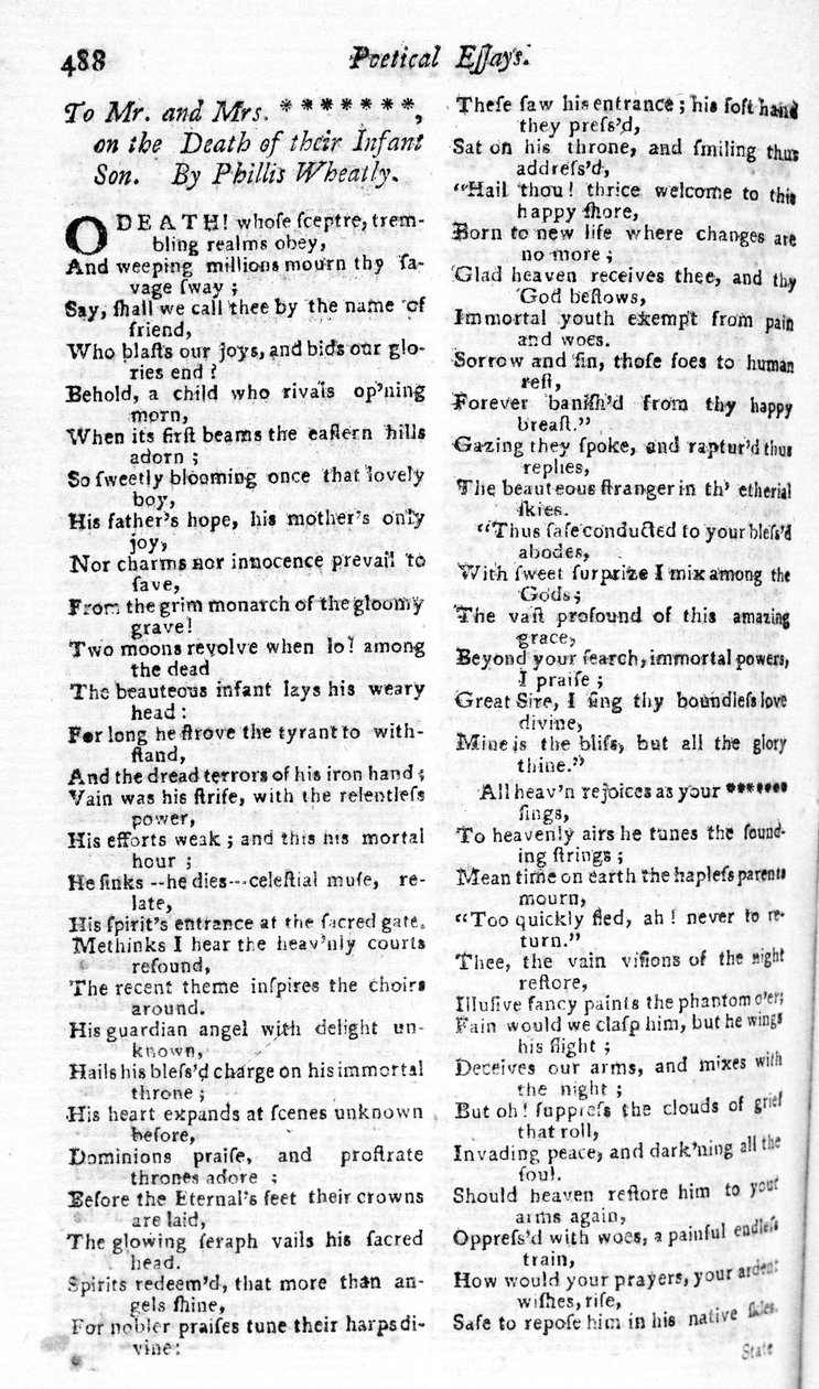 Phillis Wheatly写给一对夫妇的诗，由波士顿杂志出版，1783-84（印刷版） 作者 美国学校