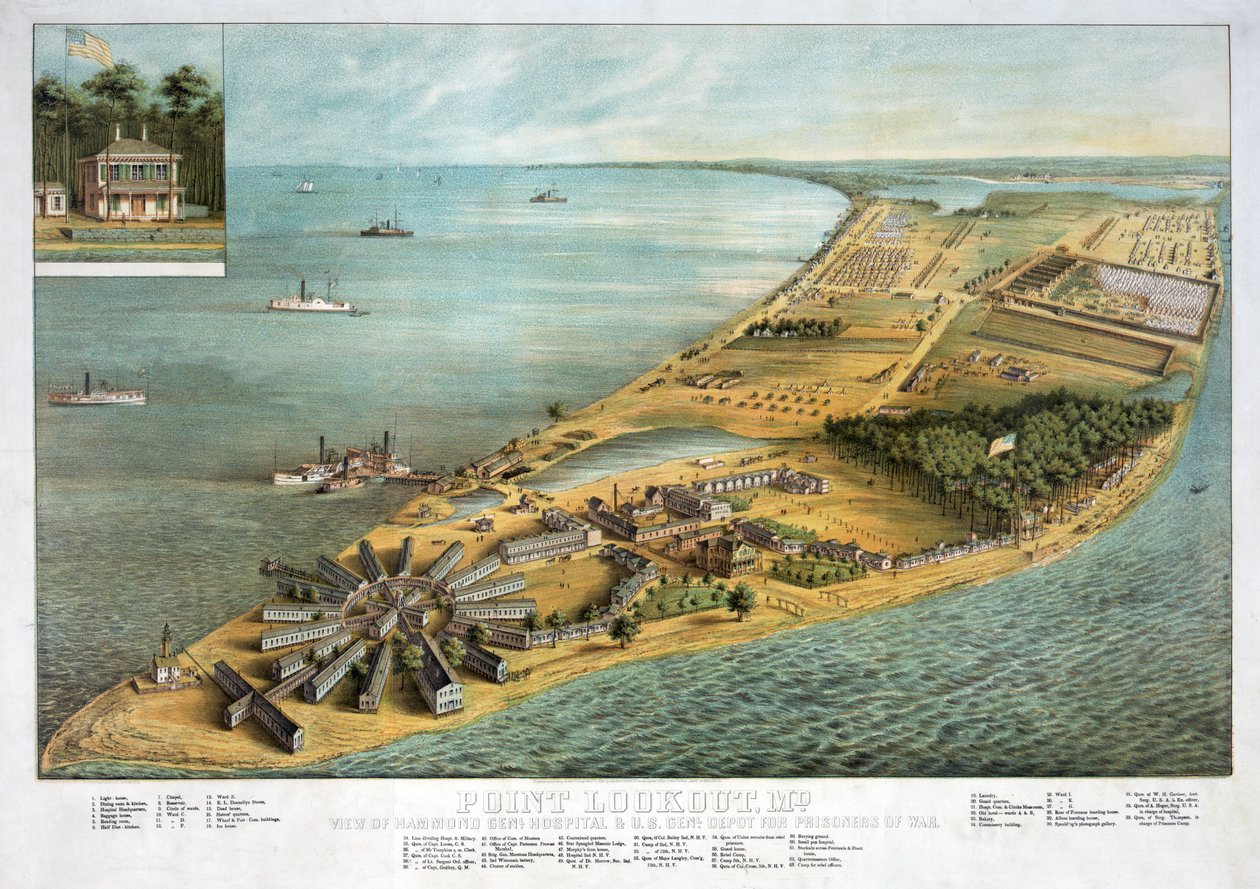 Point Lookout，MD  - 哈蒙德综合医院和美国战俘总站的视图，酒吧。 1864年 作者 美国学校