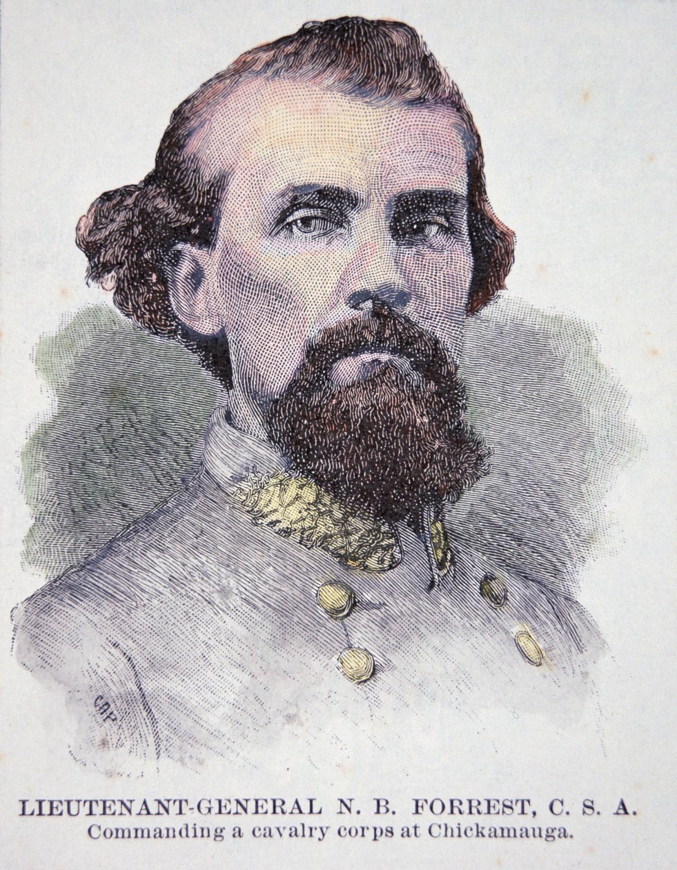Nathan B. Forrest 中将的肖像（1821-77）（石版画） 作者 美国学校