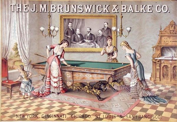 广告海报 "J.M. Brunswick & Balke Co."，由Kurz & Allison出版，约1885年（彩色平印）。 作者 美国学校
