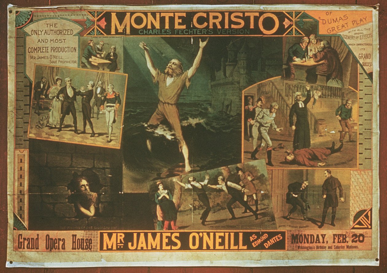 海报广告James Oneill先生饰演Edmond Dantes，在查尔斯·菲希特（Charles Fichter）版的“基督山伯爵”（The Count of Monte Cristo）中 作者 美国学校